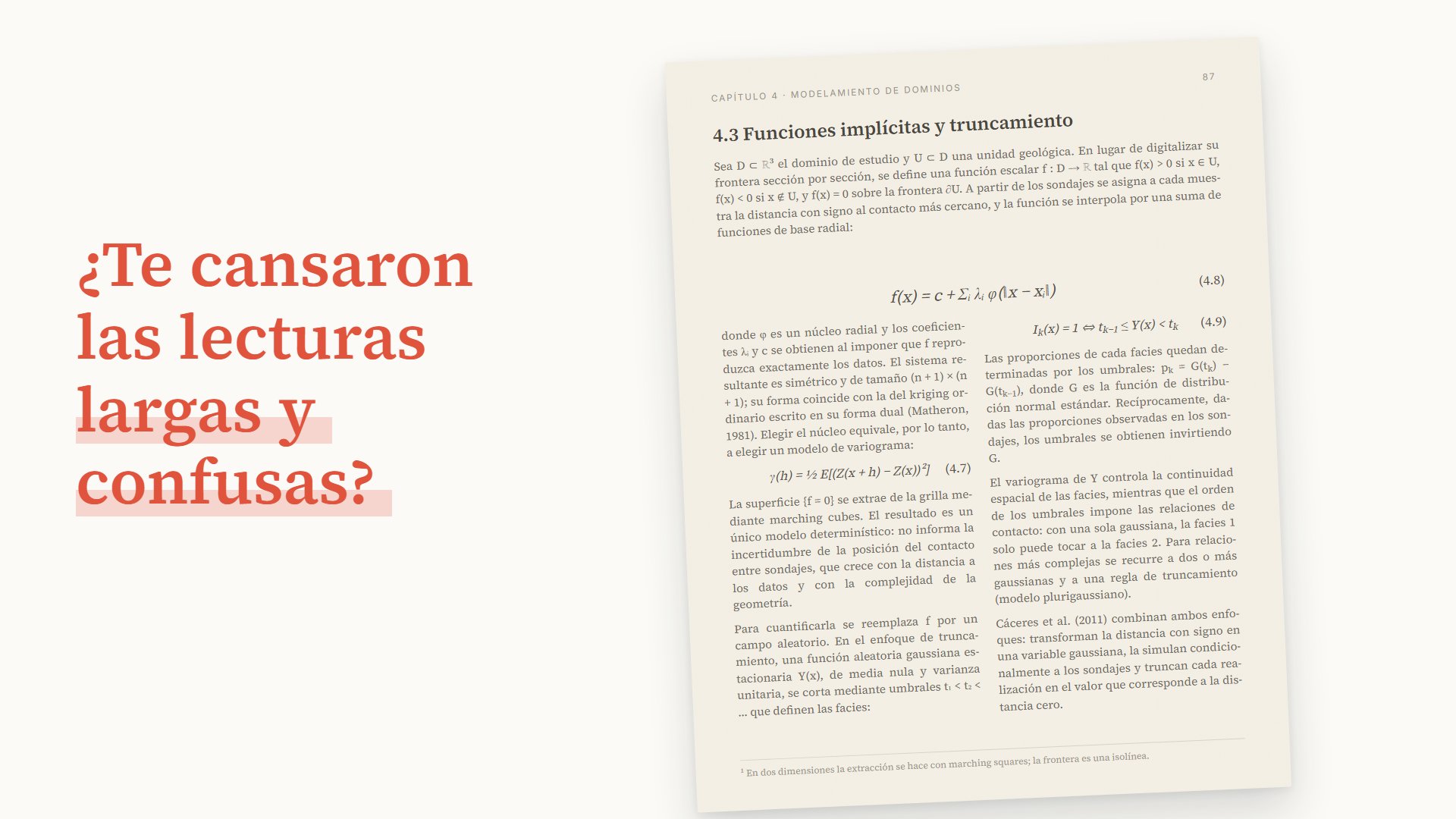 Página de un libro de geoestadística con la pregunta: ¿Te cansaron las lecturas largas y confusas?